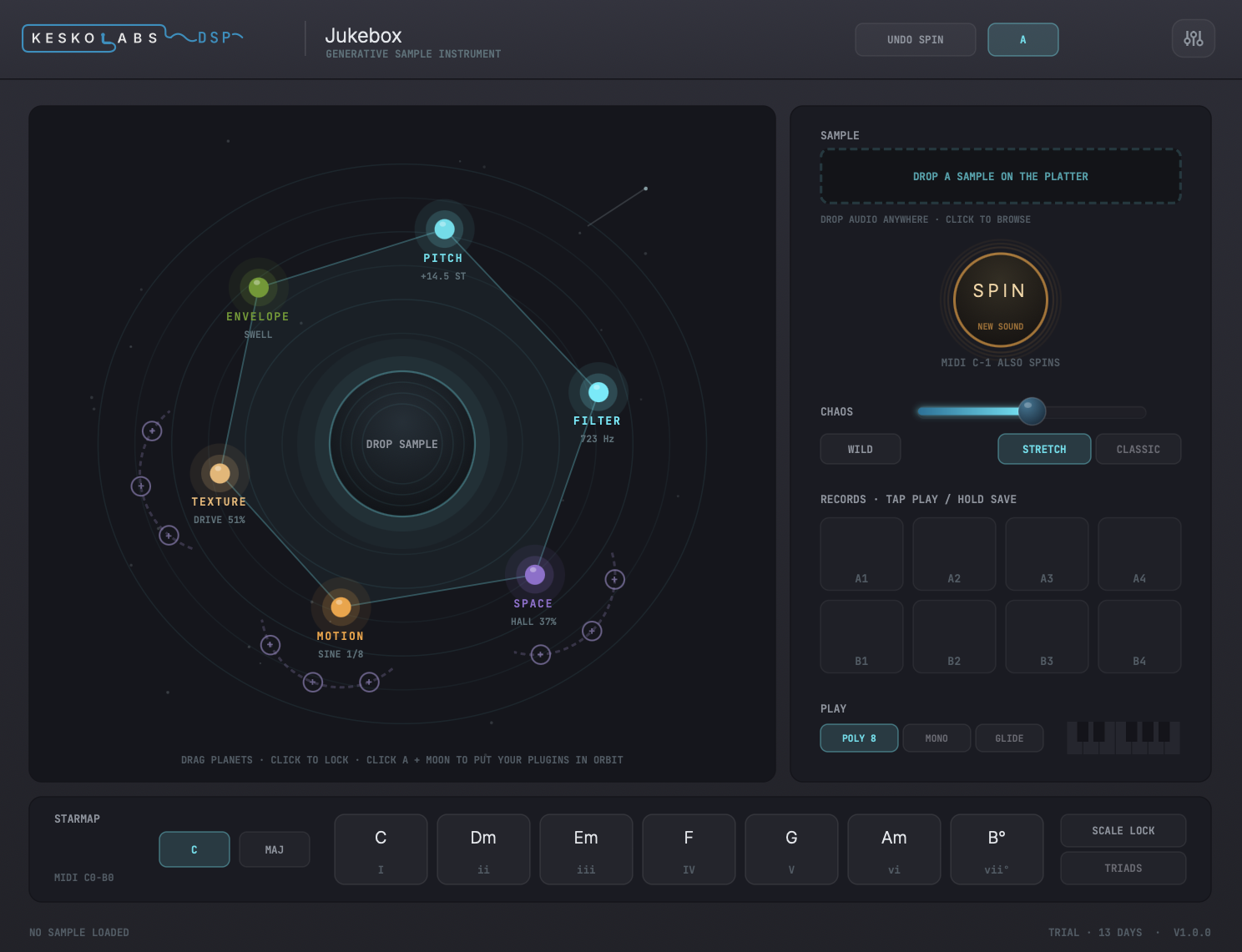 Jukebox interface: the orrery with six planets orbiting a spinning record, SPIN button with chaos slider, per-planet locks, A1-B4 record slots, and the Starmap chord bar