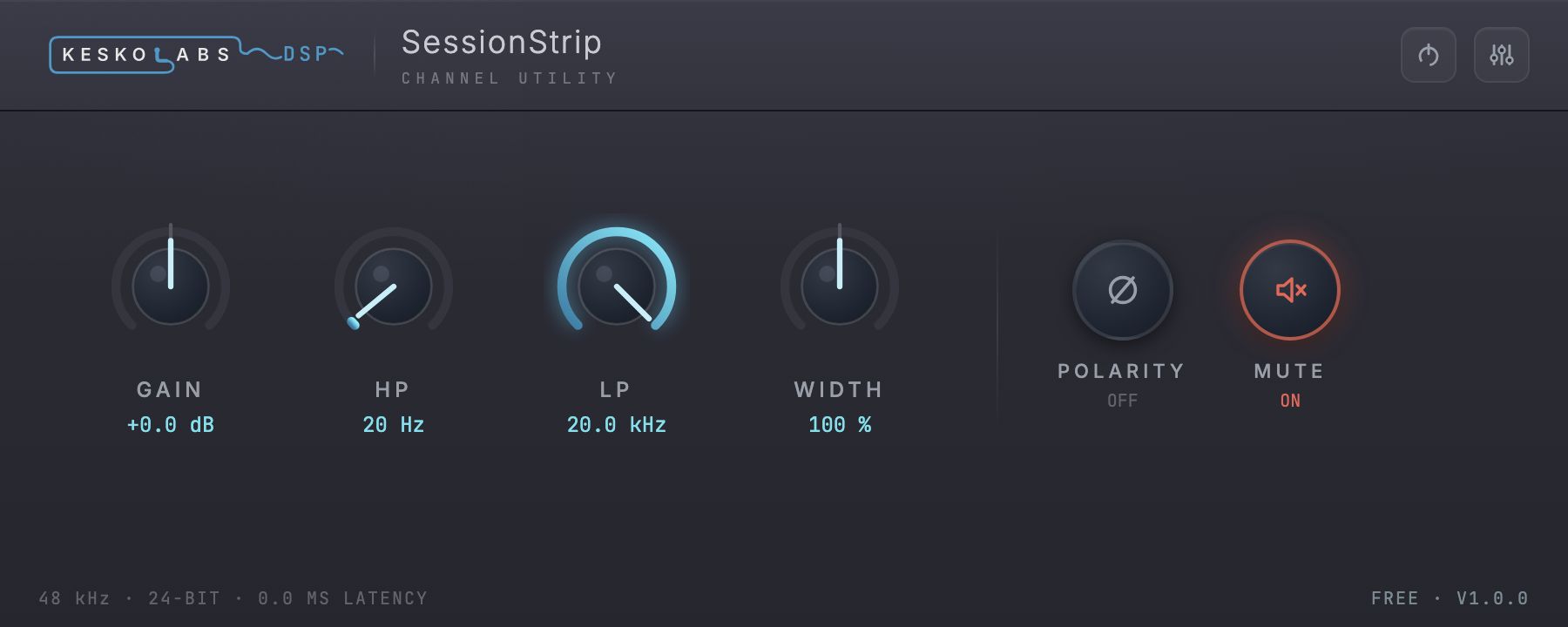SessionStrip interface: Gain, HP, LP and Width knobs with Polarity and Mute buttons