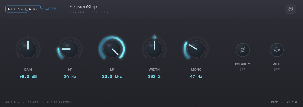 SessionStrip interface: Gain, HP, LP, Width and Mono knobs with Polarity and Mute buttons